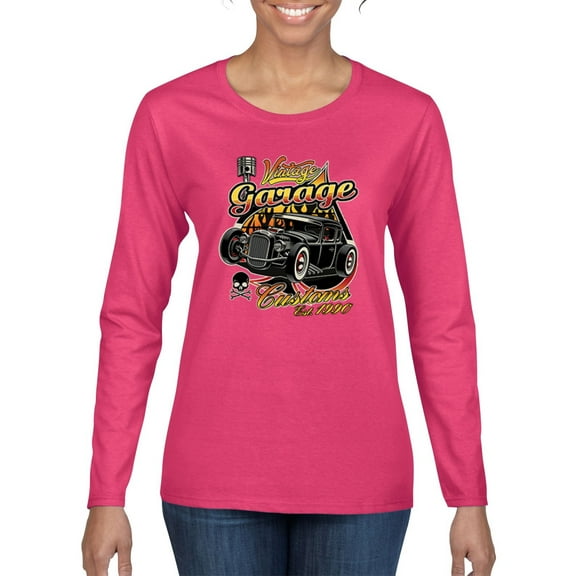1990 Vintage Garage Customs Hot Rod Classic Car Cars and Trucks Womens Graphic Long Sleeve T-Shirt, Fuschia, Small