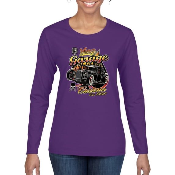 1990 Vintage Garage Customs Hot Rod Classic Car Cars and Trucks Womens Graphic Long Sleeve T-Shirt, Purple, 2XL
