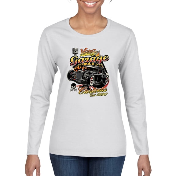 1990 Vintage Garage Customs Hot Rod Classic Car Cars and Trucks Womens Graphic Long Sleeve T-Shirt, White, 2XL