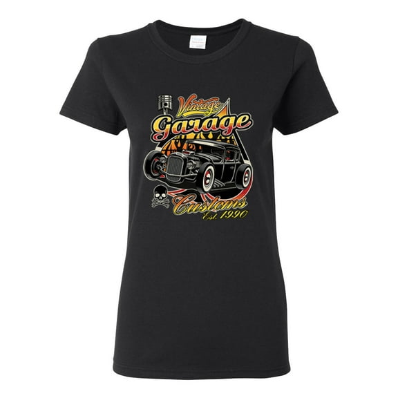 1990 Vintage Garage Customs Hot Rod Classic Car Cars and Trucks Womens Graphic T-Shirt, Black, Small