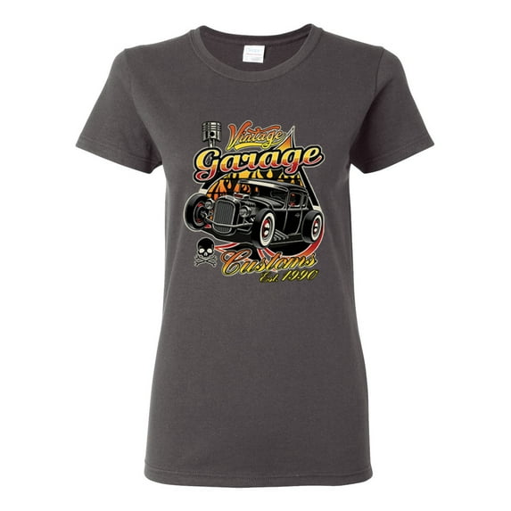 1990 Vintage Garage Customs Hot Rod Classic Car Cars and Trucks Womens Graphic T-Shirt, Charcoal, Small
