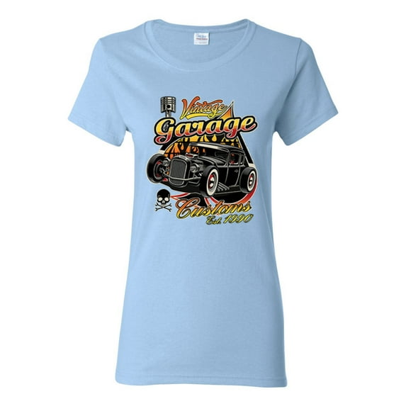 1990 Vintage Garage Customs Hot Rod Classic Car Cars and Trucks Womens Graphic T-Shirt, Light Blue, Medium
