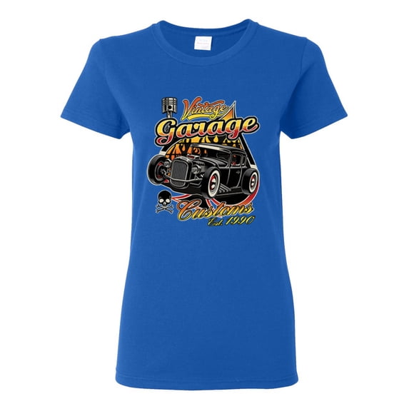 1990 Vintage Garage Customs Hot Rod Classic Car Cars and Trucks Womens Graphic T-Shirt, Royal, Medium