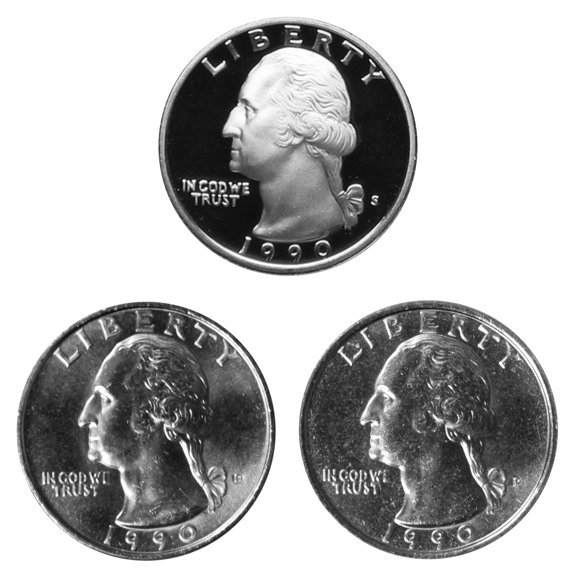 1990 Washington Quarter 25c Year Set - P, D and S Proof - 3-Coin U.S. Lot