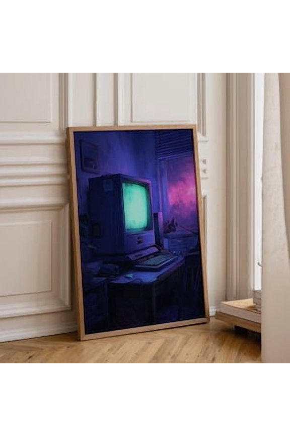 1990s Retro Computer Wall Art Print, Vintage Crt Monitor Poster, Y2k Tech Room Décor, Nostalgic 90s Gamer Setup Artwork, Poster Only