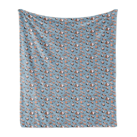 1990s Soft Flannel Fleece Blanket, Geometric Shapes with Pyramid Angled and Wavy Lines on Pale Blue Background, Cozy Plush for Indoor and Outdoor Use, 50" x 70", Coral and Pale Blue, by Ambesonne