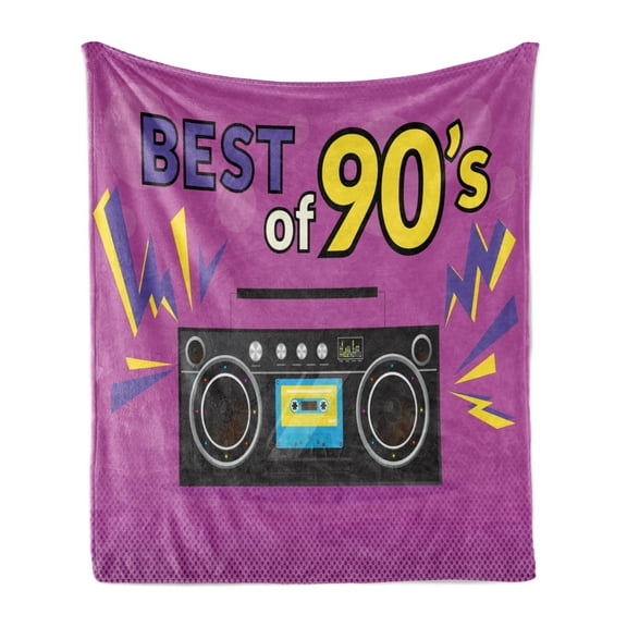 1990s Soft Flannel Fleece Blanket, Old Nostalgic Music Equipment with 90s Style Funky Writing Pinkish Tone Illustration, Cozy Plush for Indoor and Outdoor Use, 50" x 70", Multicolor, by Ambesonne