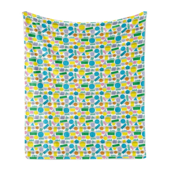 1990s Soft Flannel Fleece Throw Blanket, Retro Art Movement Themed Shapes Hexagon Octagon and Rectangles with Dot Stripes, Cozy Plush for Indoor and Outdoor Use, 50" x 60", Multicolor, by Ambesonne