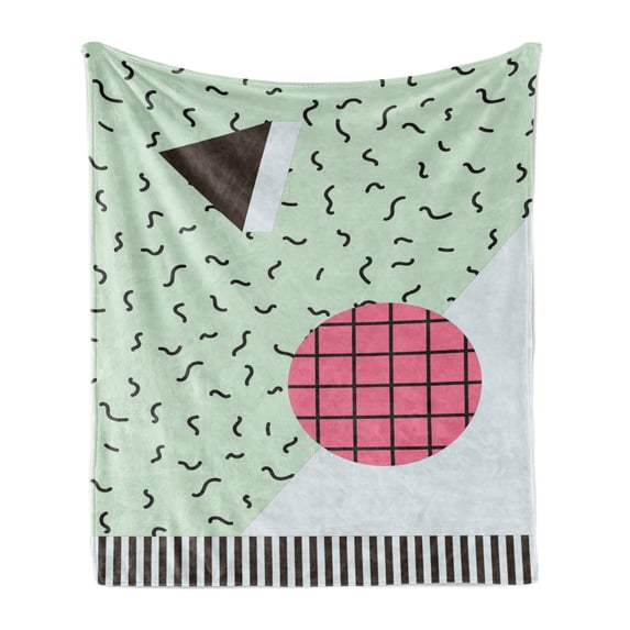 1990s Soft Flannel Fleece Throw Blanket, Simplistic Arrangement with Circle Square and Lines Retro Composition Colorful Art, Cozy Plush for Indoor and Outdoor Use, 60" x 80", Multicolor, by Ambesonne