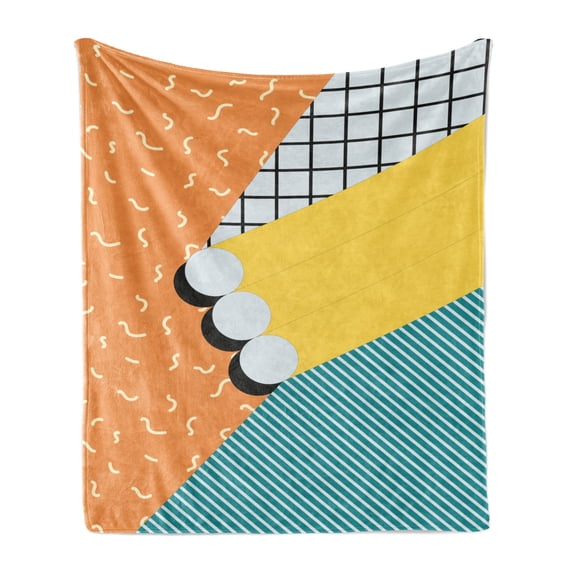 1990s Soft Flannel Fleece Throw Blanket, Vintage Style Abstract Composition Retro Graphic Style Lines Waves, Cozy Plush for Indoor and Outdoor Use, 50" x 70", Pale Orange Yellow, by Ambesonne