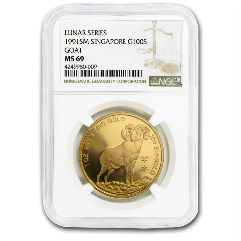 1991 Singapore 1 oz Gold 100 Singold Lunar Goat MS-69 NGC