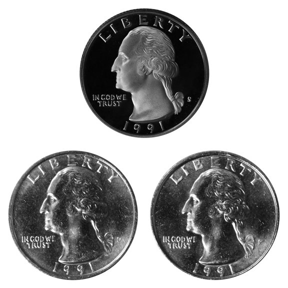 1991 Washington Quarter 25c Year Set - P, D and S Proof - 3-Coin U.S. Lot