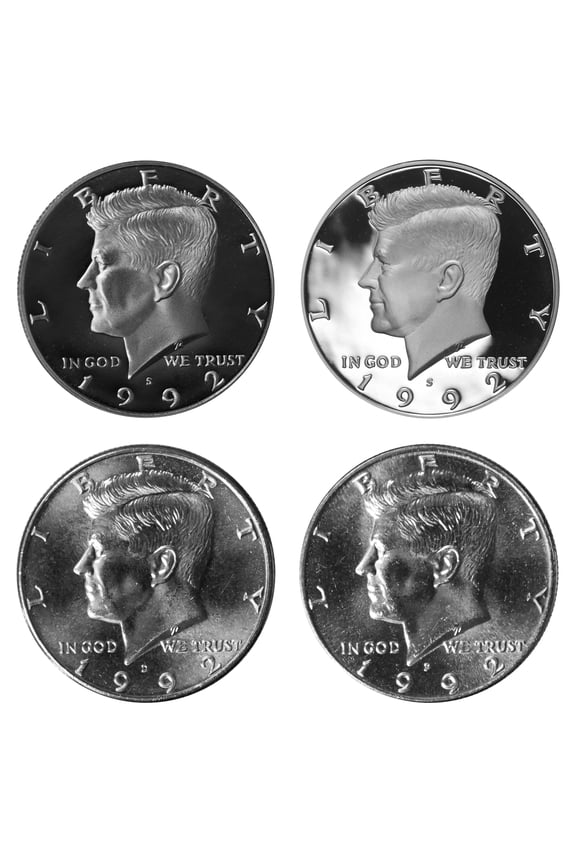 1992 Kennedy Half Dollar Year Set - P & D BU + S Clad Proof + S Silver proof - 4 Coin Lot