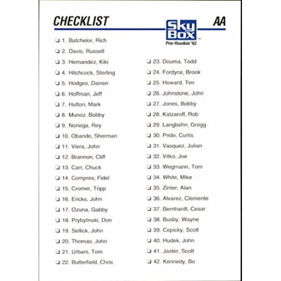 1992 SkyBox AA #307 Checklist Numeric 1 Baseball Trading Card