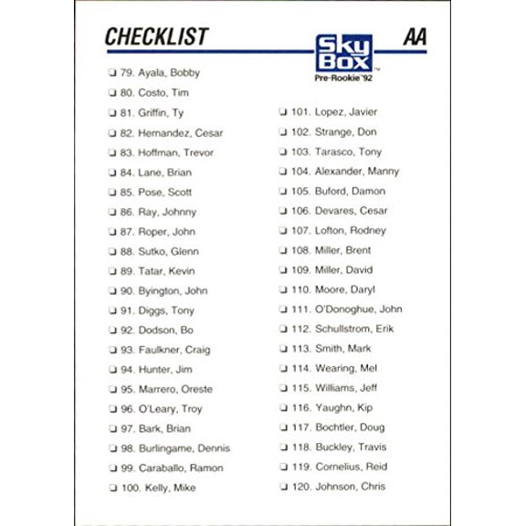 1992 SkyBox AA #308 Checklist Numeric 2 MLB Baseball Trading Card