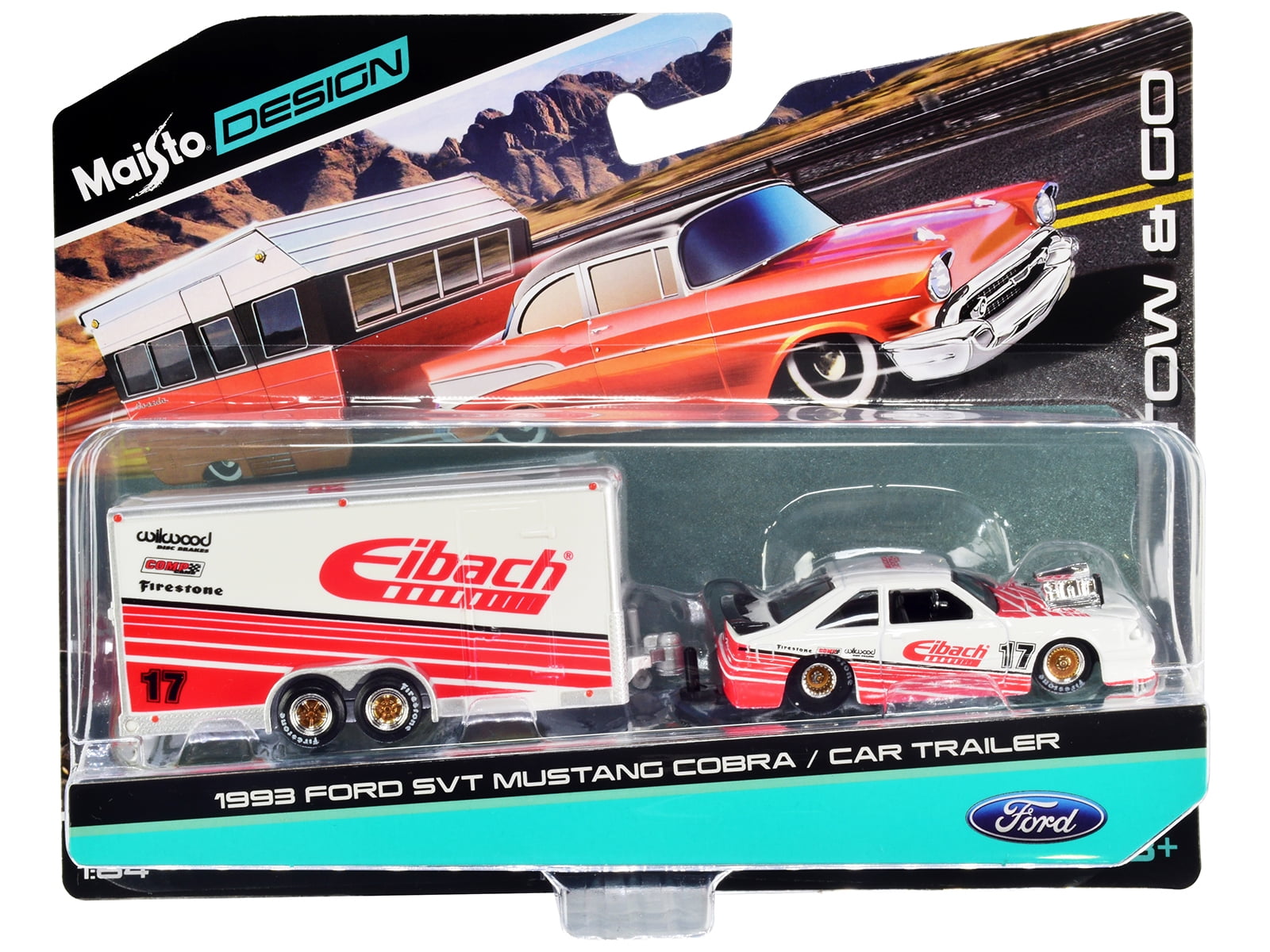 1993 Ford SVT Mustang Cobra #17 & Enclosed Car Trailer "Eibach" White w/Red Stripes "Tow & Go" 1/64 Diecast Model Cars by Maisto