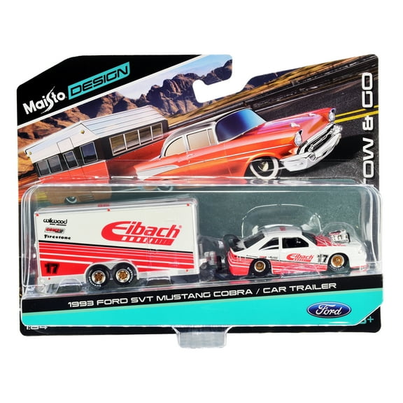 1993 Ford SVT Mustang Cobra #17 & Enclosed Car Trailer "Eibach" White w/Red Stripes "Tow & Go" 1/64 Diecast Model Cars by Maisto