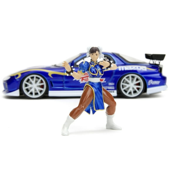 1993 Mazda RX-7 Candy Blue Metallic with Graphics and Chun-Li Diecast Figure "Street Fighter" Video Game "Anime Hollywood Rides" Series 1/24 Diecast Model Car by Jada