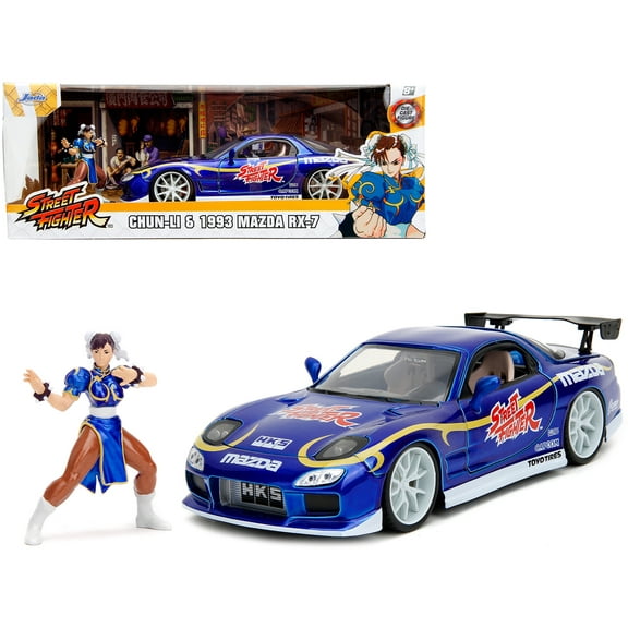 1993 Mazda RX-7 Candy Blue Metallic with Graphics and Chun-Li Diecast Figure "Street Fighter" Video Game "Anime Hollywood Rides" Series 1/24 Diecast Model Car by Jada