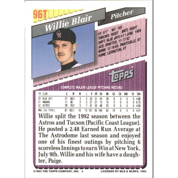 1993 Topps Traded #96T Willie Blair MLB Baseball Trading Card