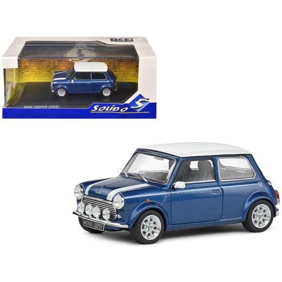 1994 Mini Cooper Sport Tahiti Blue Metallic with White Top and Stripes 1/43 Diecast Model Car by Solido