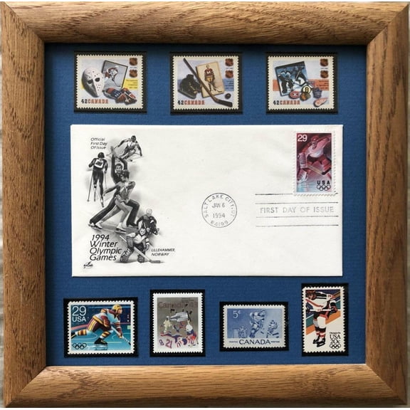 1994 Winter Olympics 1st Day Cover with 7 Canada US Hockey Stamps Framed