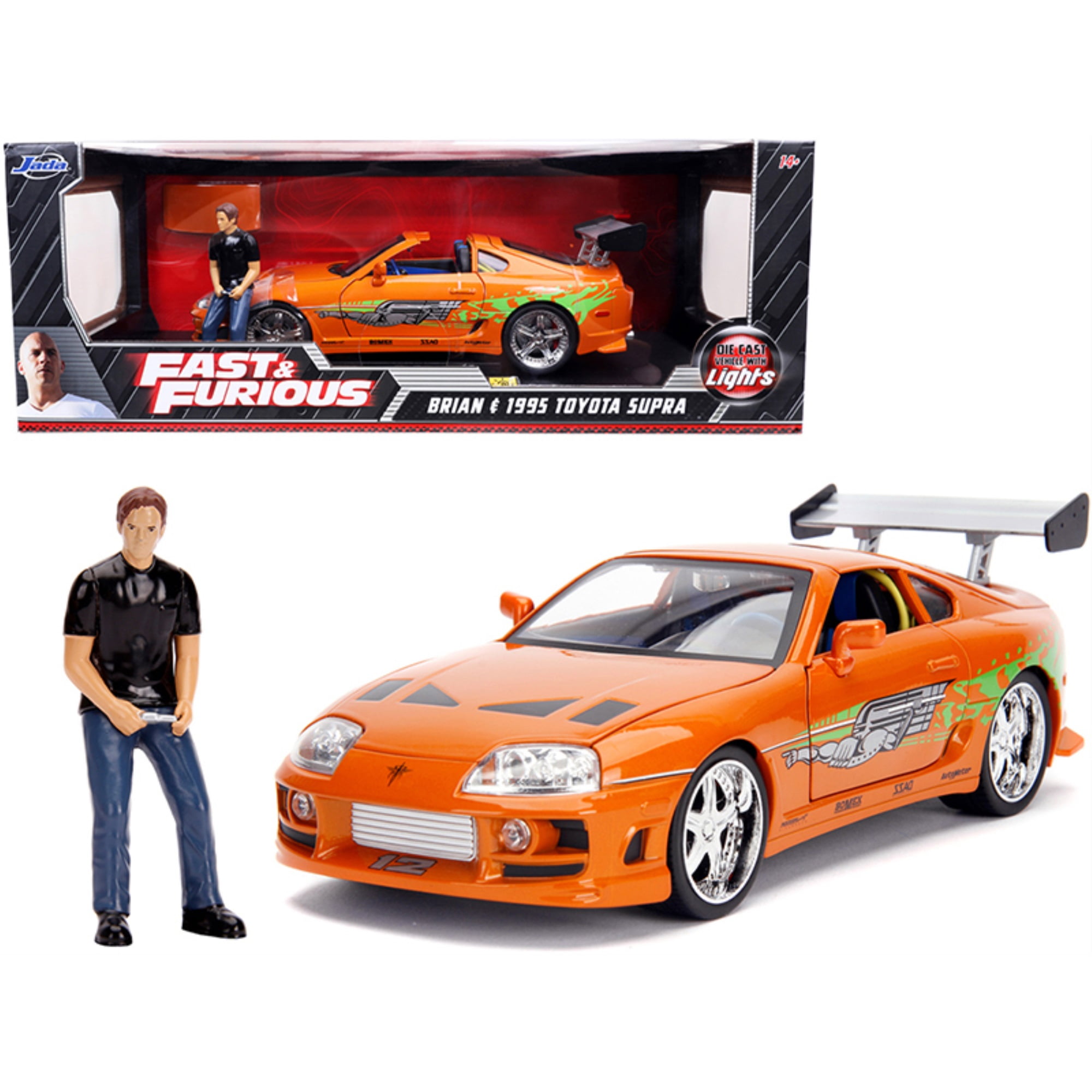 1995 Toyota Supra Orange Metallic with Lights and Brian Figurine 