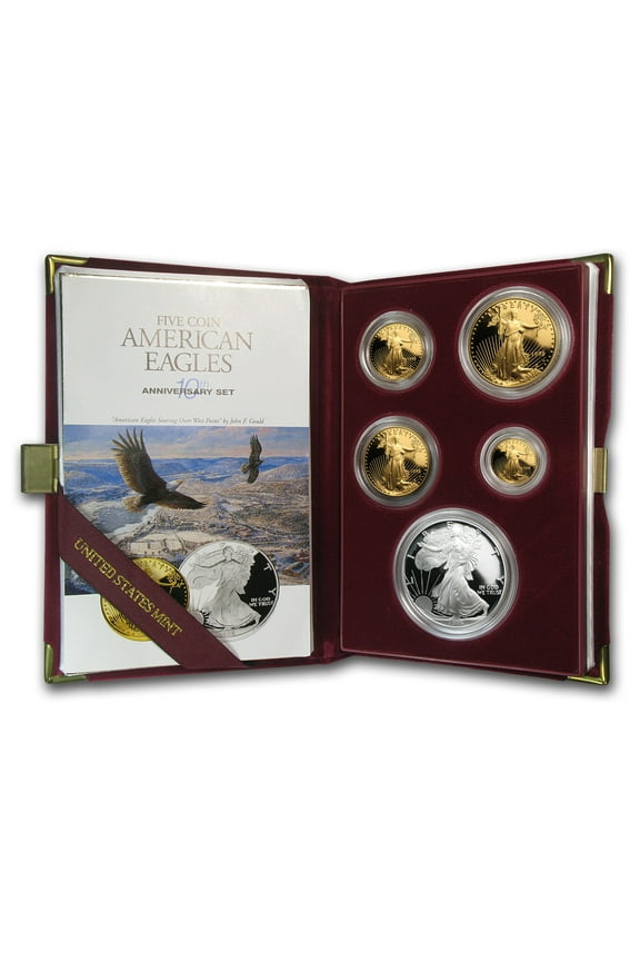 1995-W 5-Coin Proof American Eagle Set (10th Anniv, Box & COA)