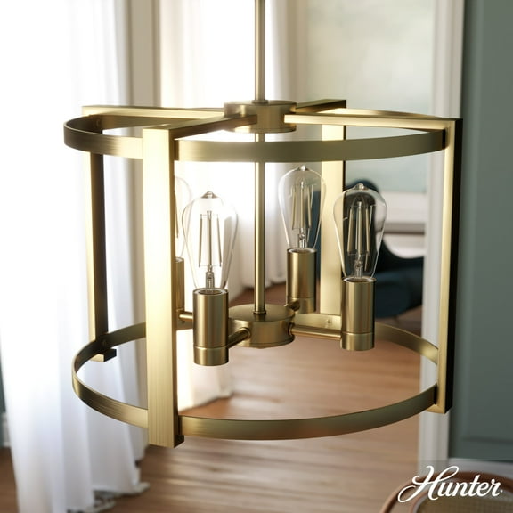 Hunter - Astwood 4-light Alturas Gold, Medium Size Chandelier, Dimmable, Caged Style, Drum Shaped, for Bedrooms, Dining, Living Rooms - 19958
