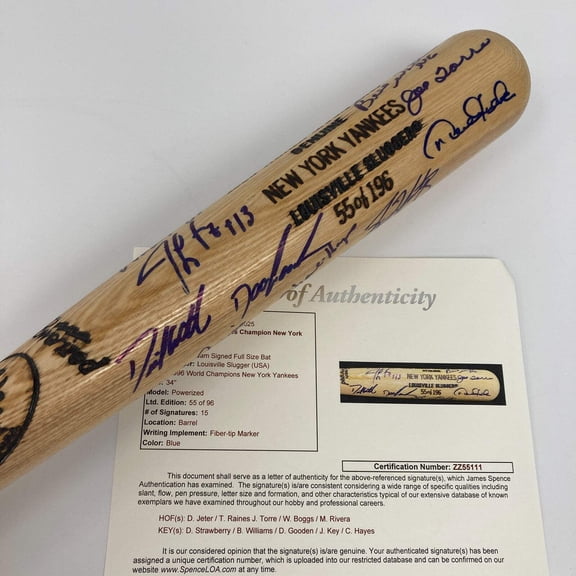 1996 New York Yankees World Series Champs Team Signed Bat Derek Jeter JSA COA