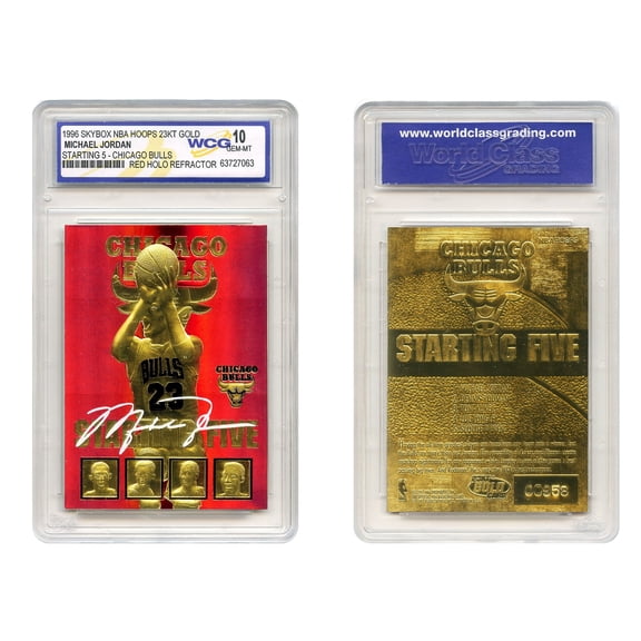 1996 Skybox NBA Hoops JORDAN "Starting 5" Chicago Bulls Red REFRACTOR Signature Gold Card -Gem Mint 10