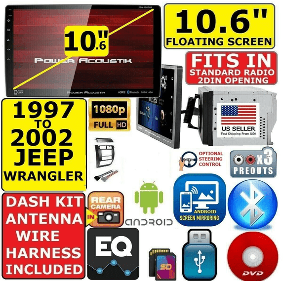 1997-2002 JEEP WRANGLER 10.6" BLUETOOTH USB CD/DVD CAR RADIO STEREO INCLUDES VEHICLE SPECIFIC INSTALLATION HARDWARE INCLUDING DASH KIT, WIRE HARNESS, AND ANTENNA ADAPTER WHEN REQIRED.
