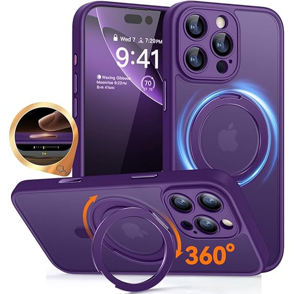 1997 360 Spin Magnetic Stand for iPhone 16 Pro Case with Camera Control [Full Camera Protection] [Compatible with Magsafe] Translucent Matte Shockproof Protective Phone Cover 6.3" - Deep Purple