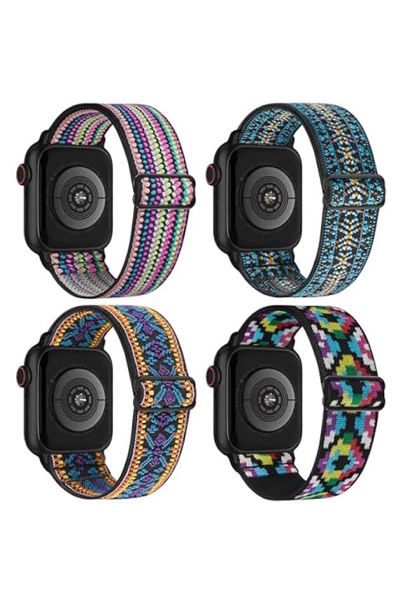 4 Pack Stretchy Solo Loop Compatible with Apple Watch Band Women Men, Sport Nylon Elastic Straps Braided Wristbands for iWatch Series 10 9 8 7 6 5 4 3 Ultra SE