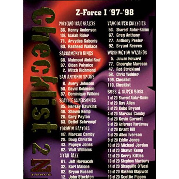 1997-98 Z-Force #110 Checklist NBA Basketball Trading Card