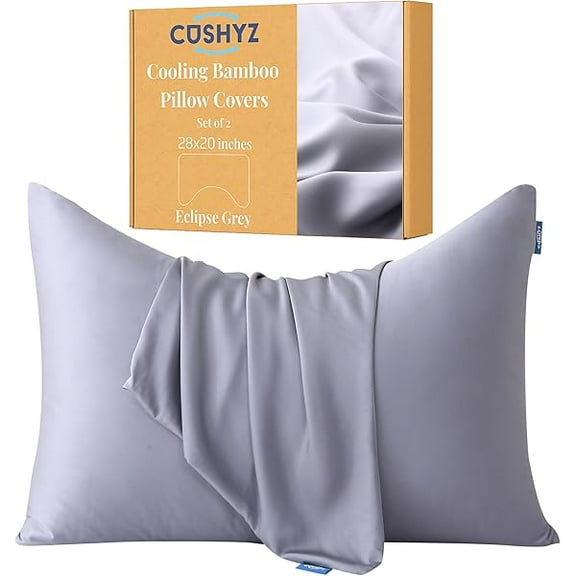1997 Cooling Pillow Covers for Curved Pillows  2-Pack 28x20 Eclipse Grey Moon-Shaped Zippered Pillowcases, 100% Rayon Derived from Bamboo, Ultra-Soft, Silky, Breathable, & WrinkleResistant