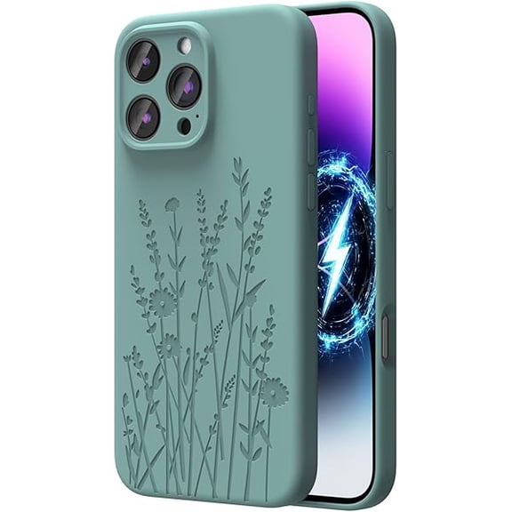 1997 Magnetic Engraved Case Compatible with iPhone 16 Pro, Compatible with Magsafe, Camera All-Round Protection, Slim Liquid Silicone Phone Case for Women Girls, Midnight Green Flower