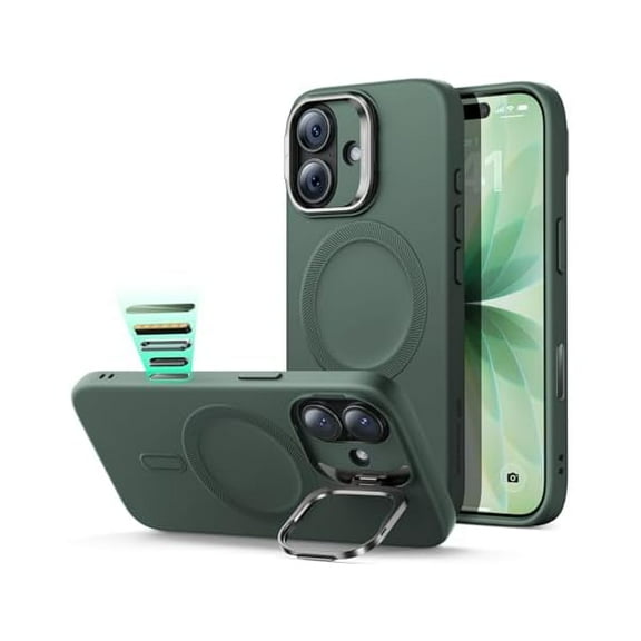 1997 Silicone Case for iPhone 17, Built-in Camera Stash Stand Compatible with MagSafe, Military-Grade Drop Protection Magnetic Phone Case for iPhone 17, Cloud Series, Olive Green