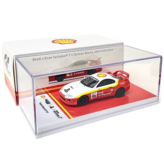 1997 Toyota Supra RZ RHD Red & White w/Yellow Stripes "Shell x Gran Turismo 7" Special Ed 1/64 Diecast Model Car by Tarmac Works