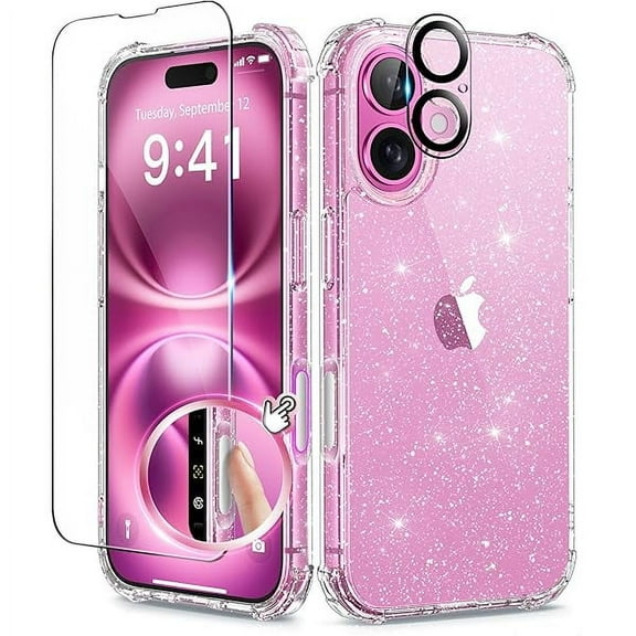 1997 iPhone 16 Case Glitter [3 in 1] with Screen & Camera Protectors | [Non-Yellowing] | Clear Sparkle | Slim Shockproof Hard Phone Cover | for Women | 6.1" | Shiny Clear