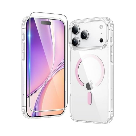 1997 for iPhone 17 Pro-Max Case Clear: Magnetic Transparent Phone Cases with Screen Protector Slim Military Grade Drop Protection Rugged Shockproof Protective Cell Phone Cover (Pink)