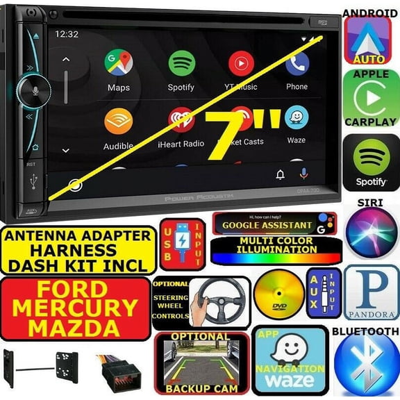 1998-2007 FORD MERCURY GPS APPLE CARPLAY NAVIGATION (works with IPHONE) AM/FM USB/BLUETOOTH CAR RADIO STEREO PKG. INCL. VEHICLE HARDWARE: DASH KIT, WIRE HARNESS, AND ANTENNA ADAPTER WHEN REQIRED.