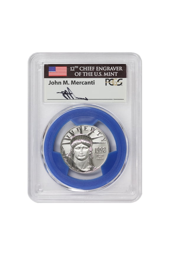 1998 $50 Platinum Eagle PCGS MS70 Mercanti Label U.S. Mint Coins