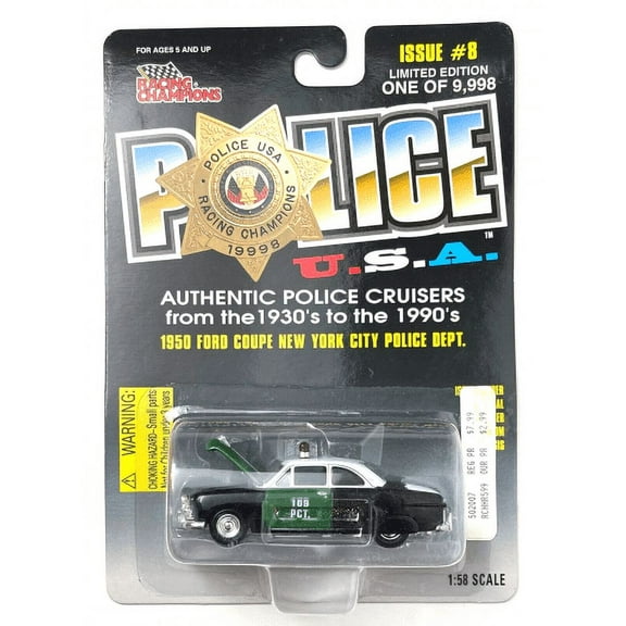 1998 Racing Champions Police 1950 Ford Coupe New Your City Police Dept #8 Diecast 1:58 Scale