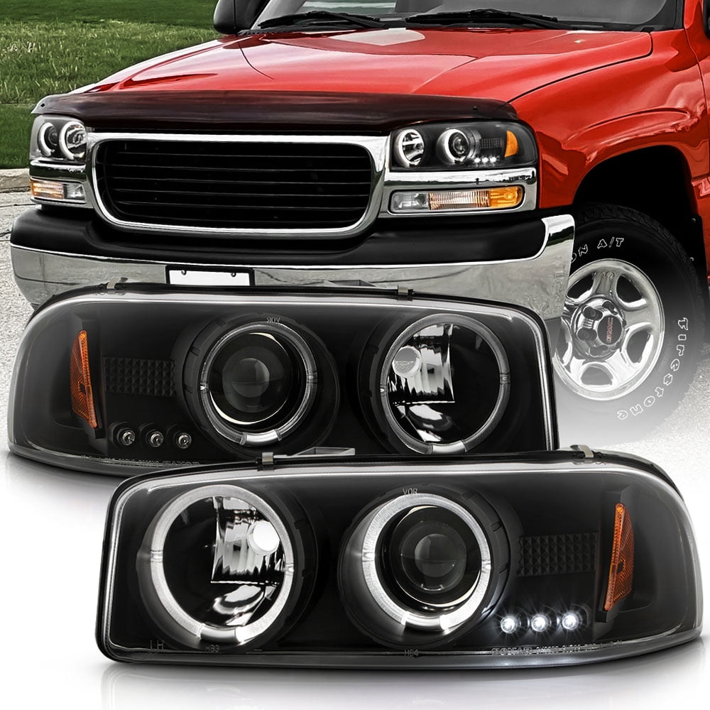 1999-2006 GMC Sierra Yukon Denali LED Halo Black Projector Headlights Headlamps