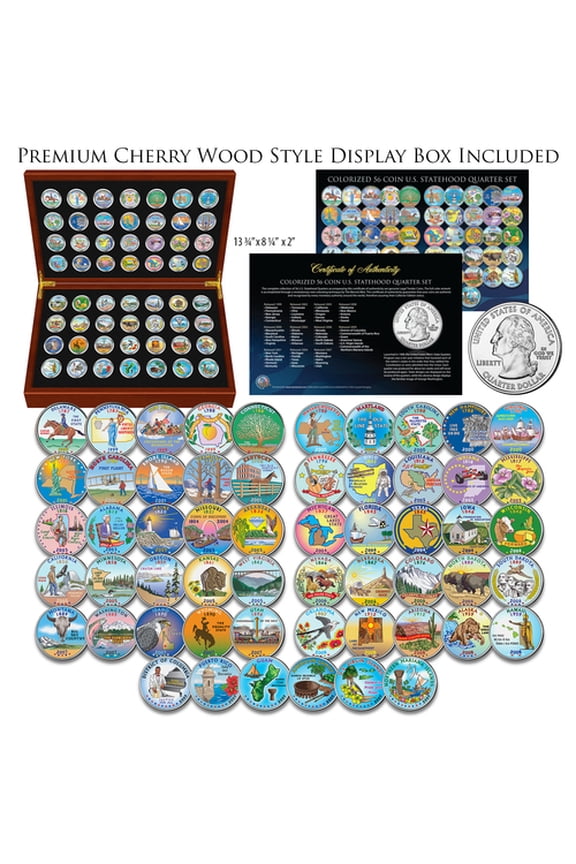 1999-2009 Complete COLORIZED State Quarters 56-Coin Set in Cherry Wood Style Box
