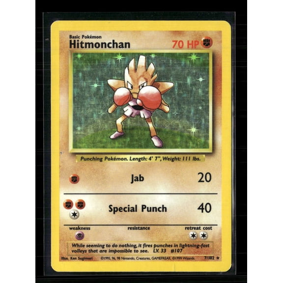1999 Pokmon Base Set Hitmonchan Holo #7/102 Wizards of the Coast Trading Card