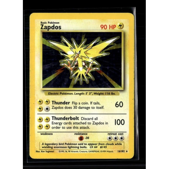 1999 Base Set Zapdos Holo Rare #16/102 English Pokemon Card Moderately Played