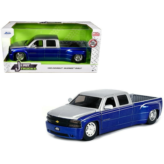 1999 Chevrolet Silverado Dually Pickup Truck Blue Metallic and Silver with Stock Wheels "Just Trucks" Series 1/24 Diecast Model Car by Jada