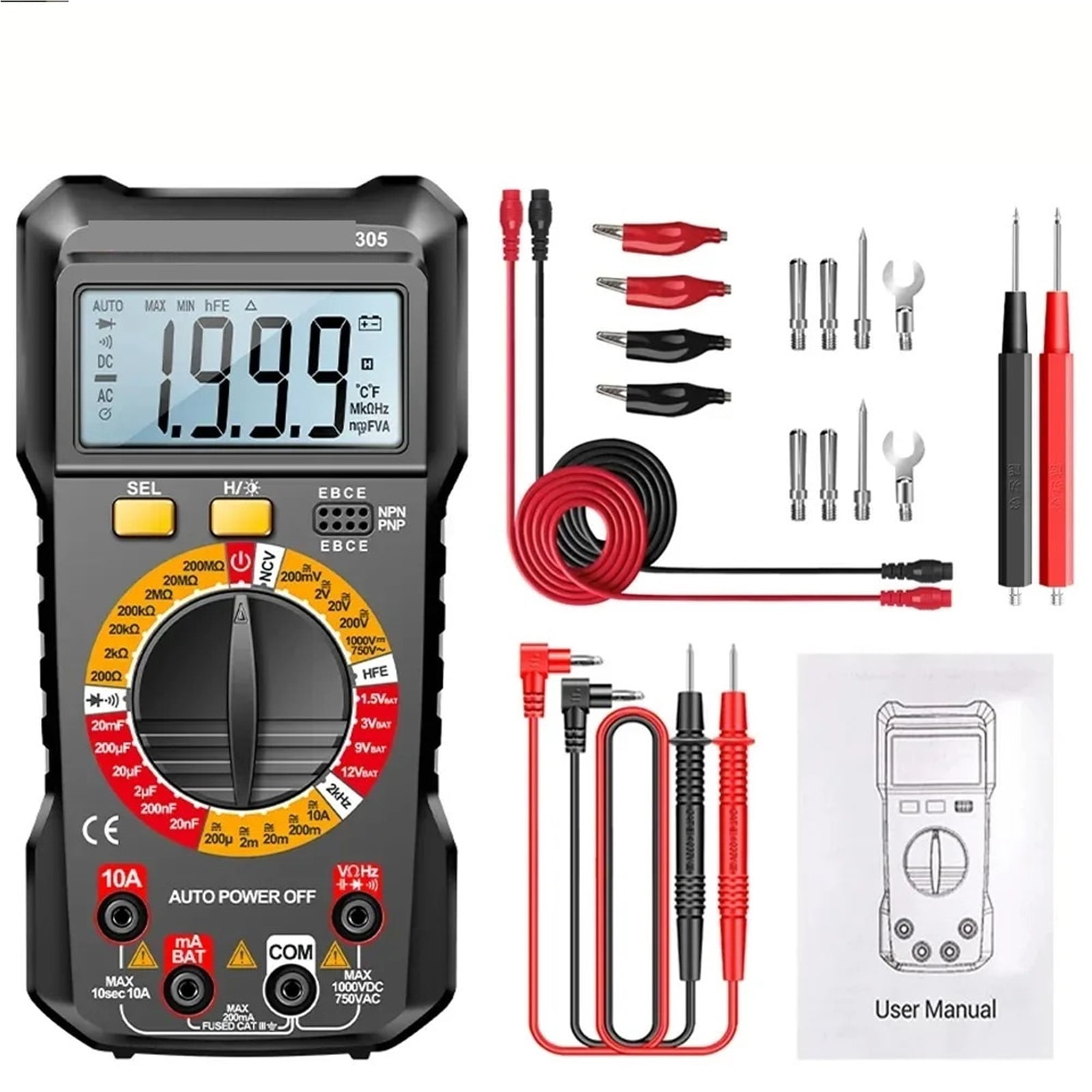 1999 Counting Professional Intelligent Multimeter Capacitor Tester, AC/DC Voltmeter, Current Resistance Ohm Testing ,Battery Test